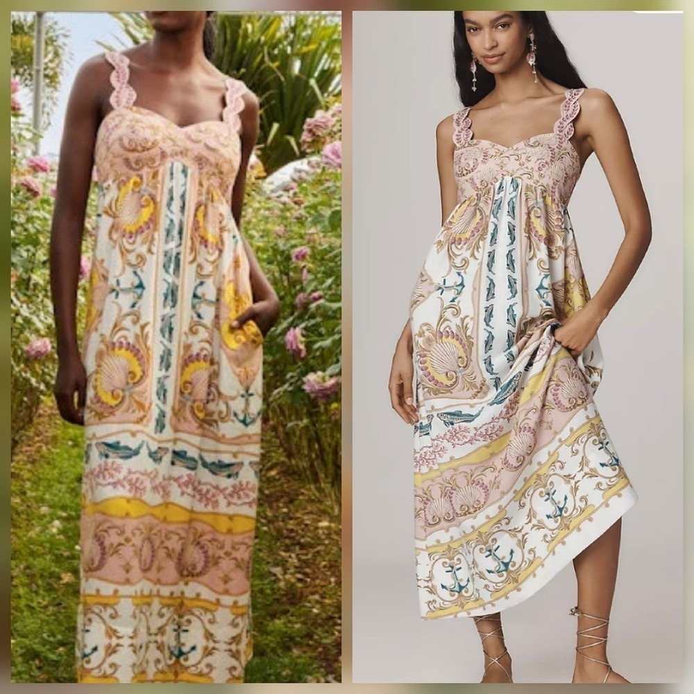 Farm Rio Womens Small Maritime Magic Linen Maxi Dress Nautical Scalloped Straps